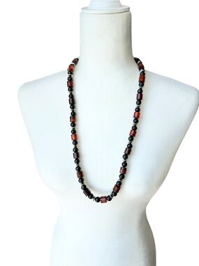 Vintage 1980s Medici Beaded Necklace Amber Black Gold Tone NOS Deadstock 30in